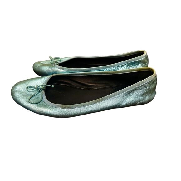 Saint Laurent Metallic Blue Leather Bow Ballet Flats Size 391/2 US 9 - Picture 1 of 13